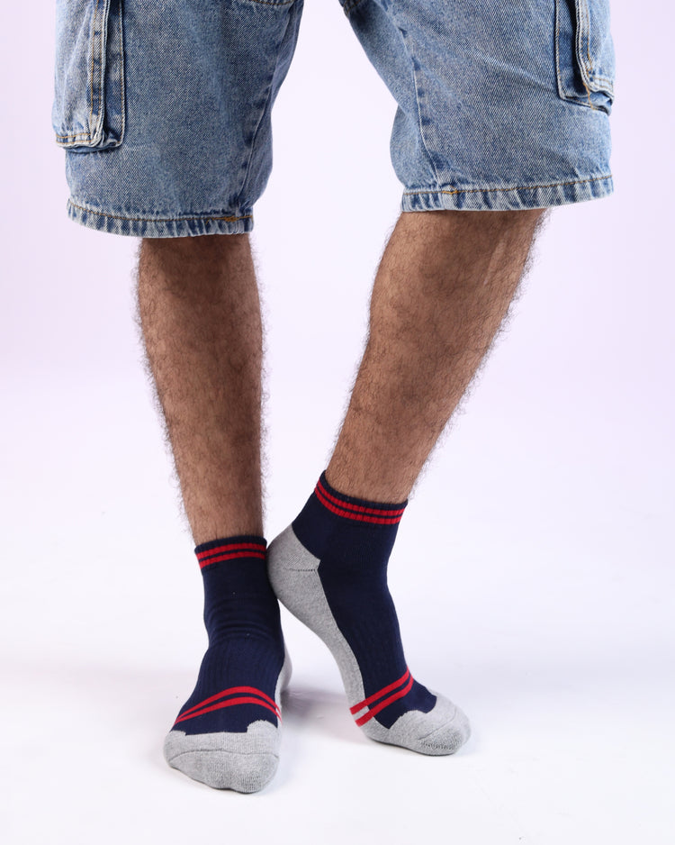 Half Cushioned Socks — Navy Red Heel
