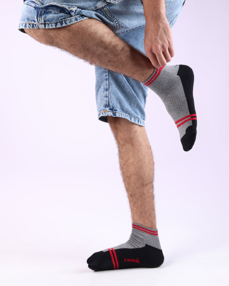 Half Cushioned Socks — black grey red stripe