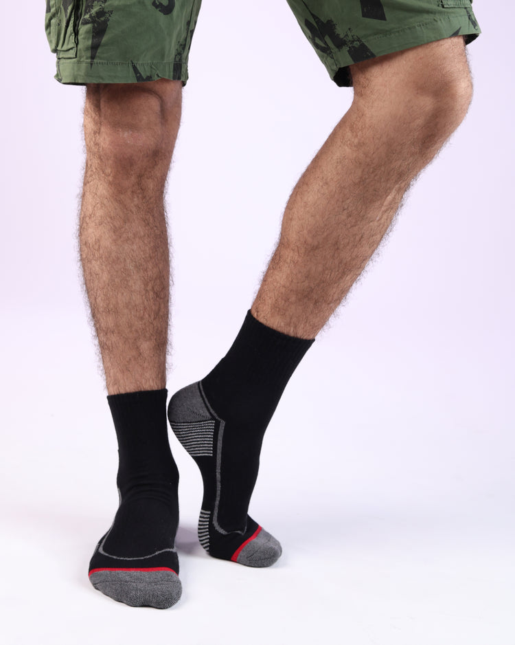 Half Cushioned Quarter Socks — Mixed Black Crew Striped And Black Grey Ankle Flagged