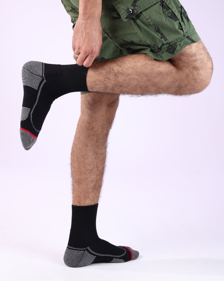Half Cushioned Quarter Socks — Mixed Black Crew Striped And Black Grey Ankle Flagged