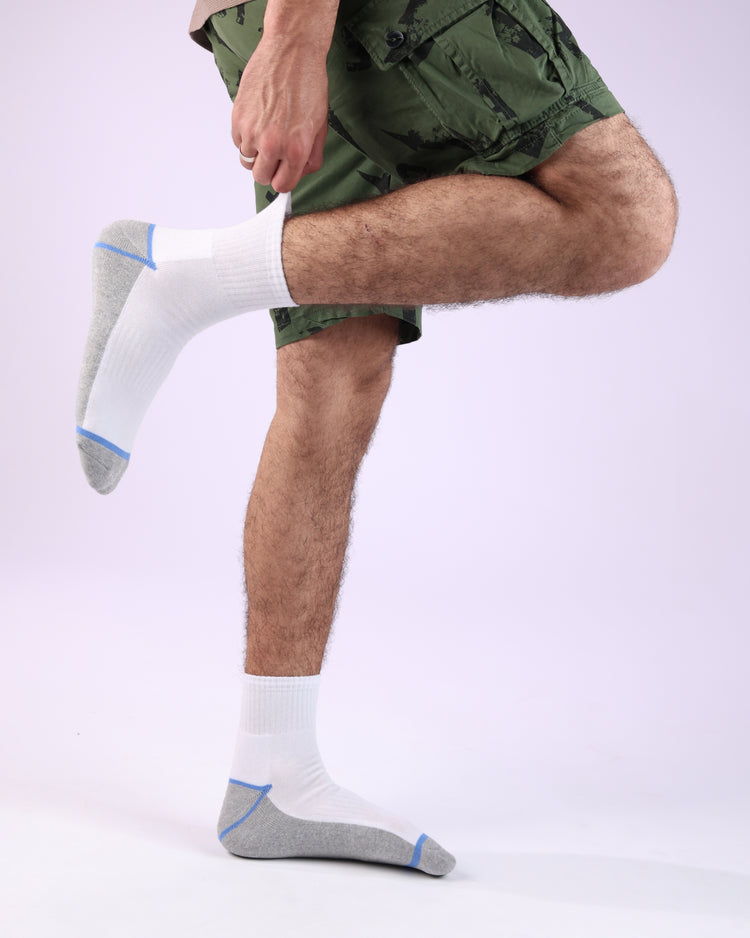 Half Cushioned Quarter Socks — White Blue Grey Heel
