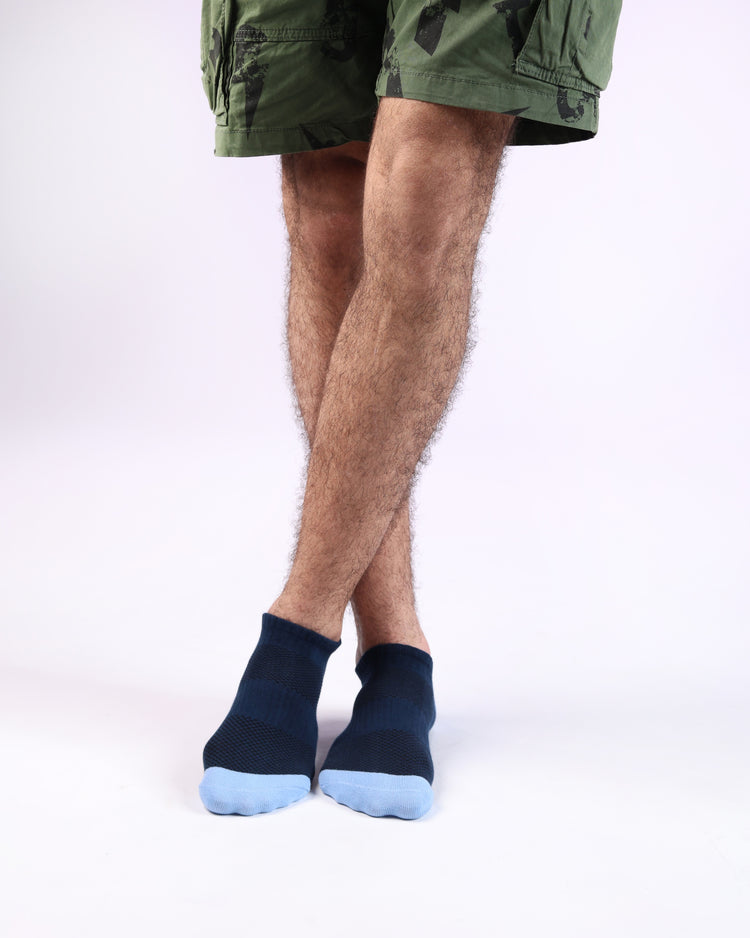 Low Cut High Ankle Socks — Navy Light Blue Heel