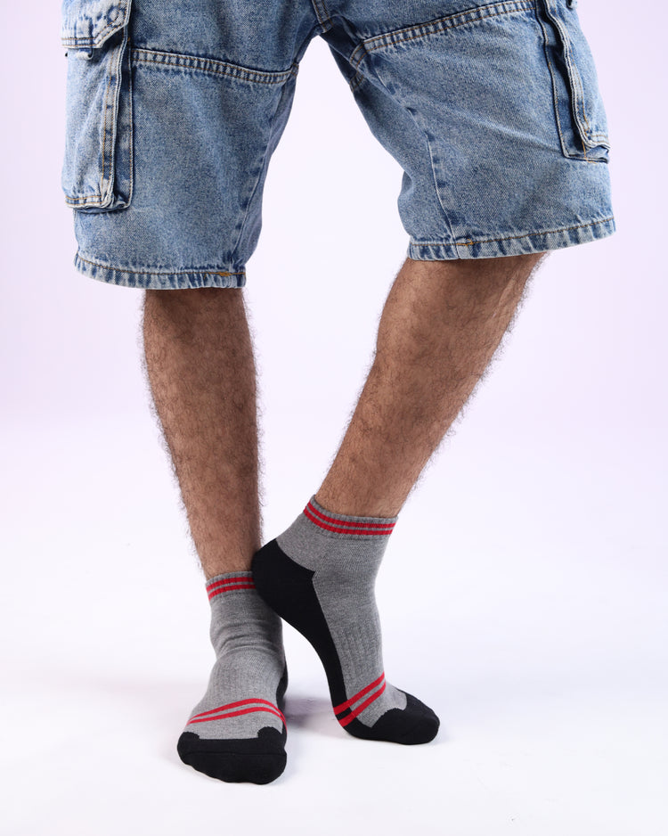 Half Cushioned Socks — black grey red stripe